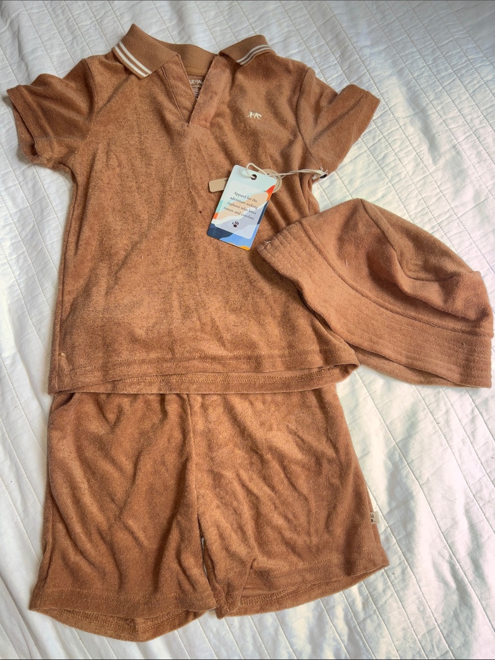 BearPaw Tan Terry Polo Pajama Set with Matching Bucket Hat